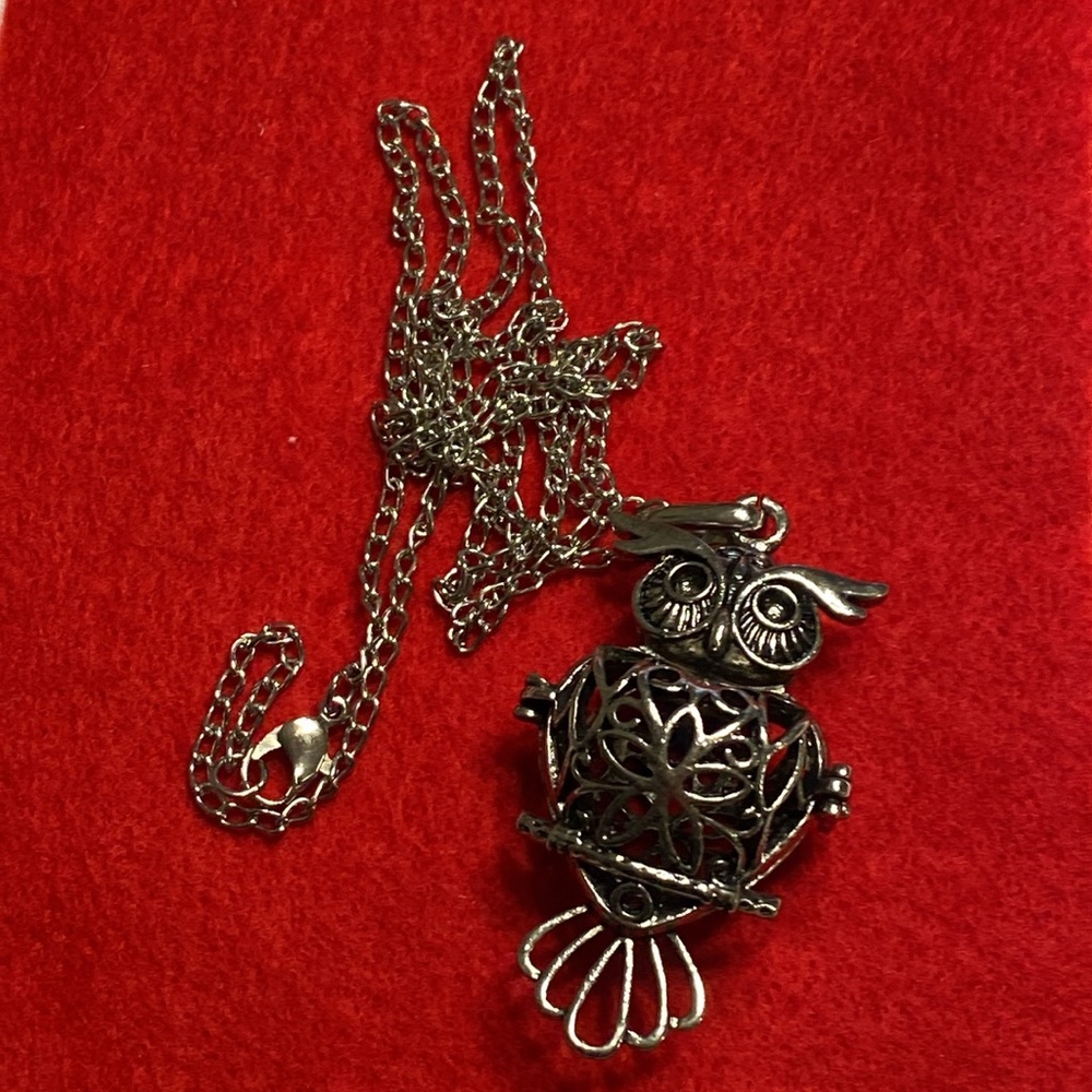 Intricate Silver Tone Owl Locket Pendant Necklace